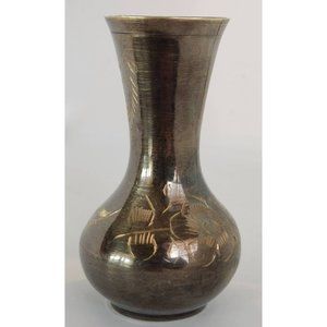 Vintage Brass Miniature Vase Etched Floral and Leaf Design